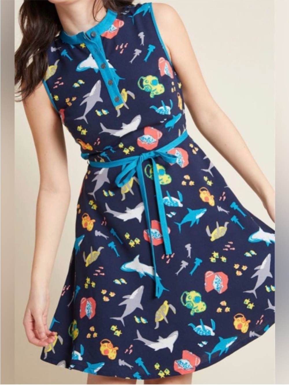 ModCloth Navy Sleeveless Shark Print A-Line Dress with Teal Trim